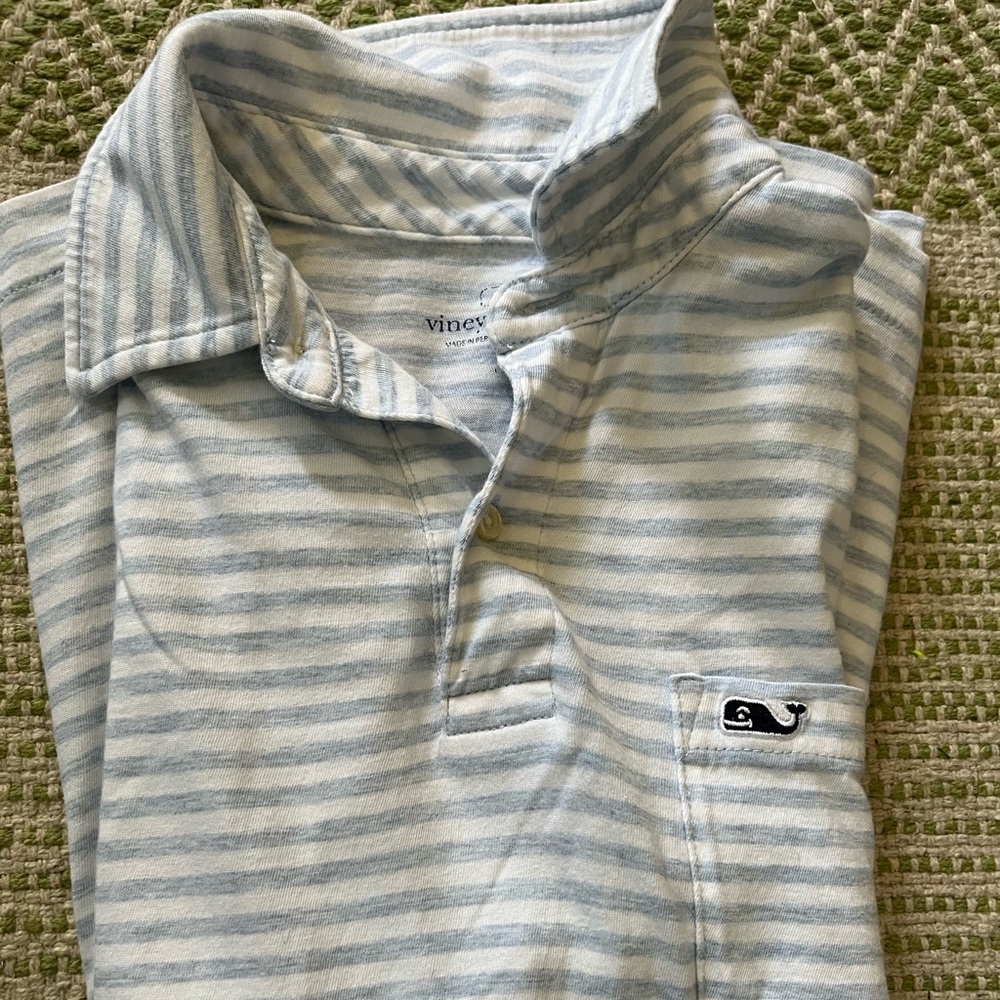 Vineyard Vines polo size 12-14 light blue and white striped.